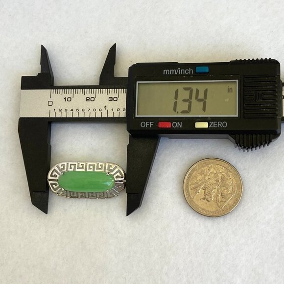 Sterling Silver 925 Oval Green Stone Greek Key Cut Out Brooch - Picture 13 of 16